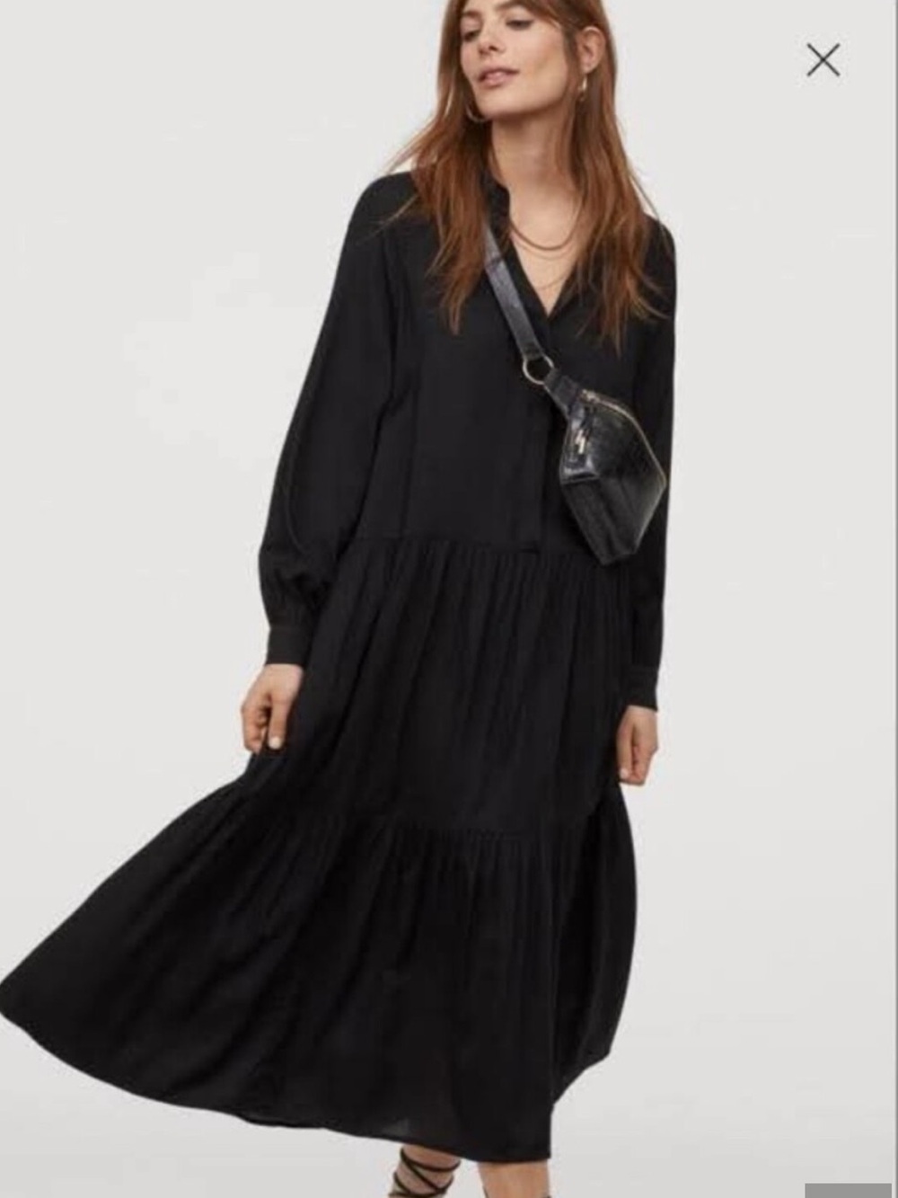 H&M Black Tiered Long Sleeve Boho Maxi Shirt Dress XS